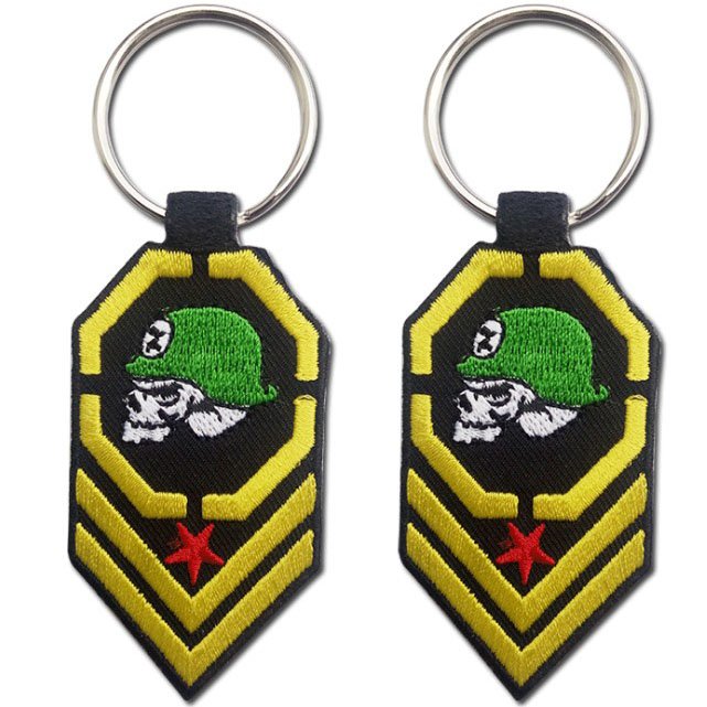 "Custom embroidered military-themed keychain with a skull and helmet design, perfect for aviation or military use."