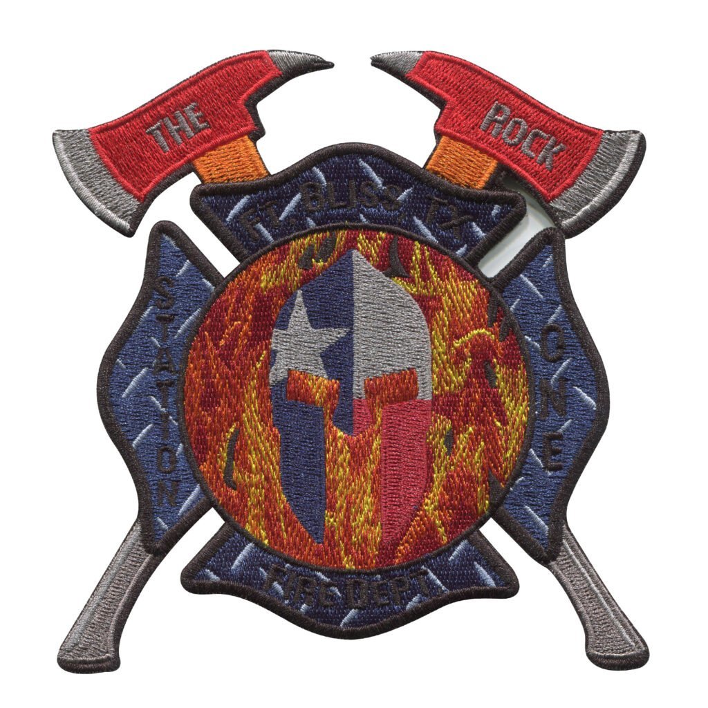 "Firefighter Patch with Helmet, Axes, and Texas Design"