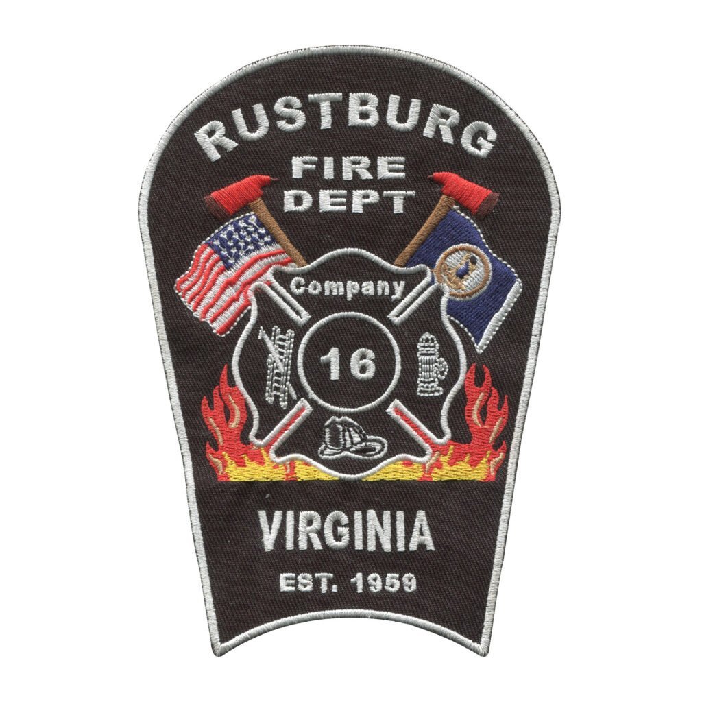 "Rustburg Fire Department Patch with Axes and Flames Design"