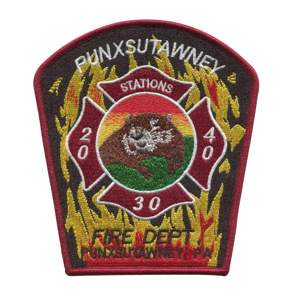 "Punxsutawney Fire Department Patch with Groundhog and Flames"