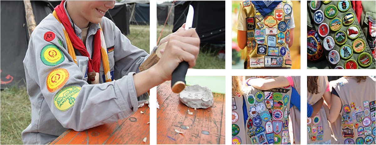 Boy Scouts displaying custom merit badge patches.